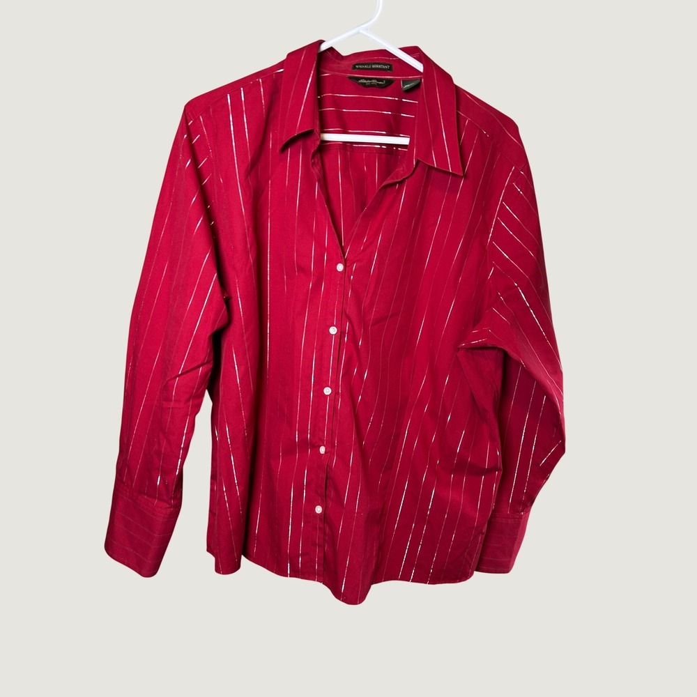 Eddie Bauer Button Down Shirt Women's XXL Red Metallic Stripe Long Sleeve Lurex